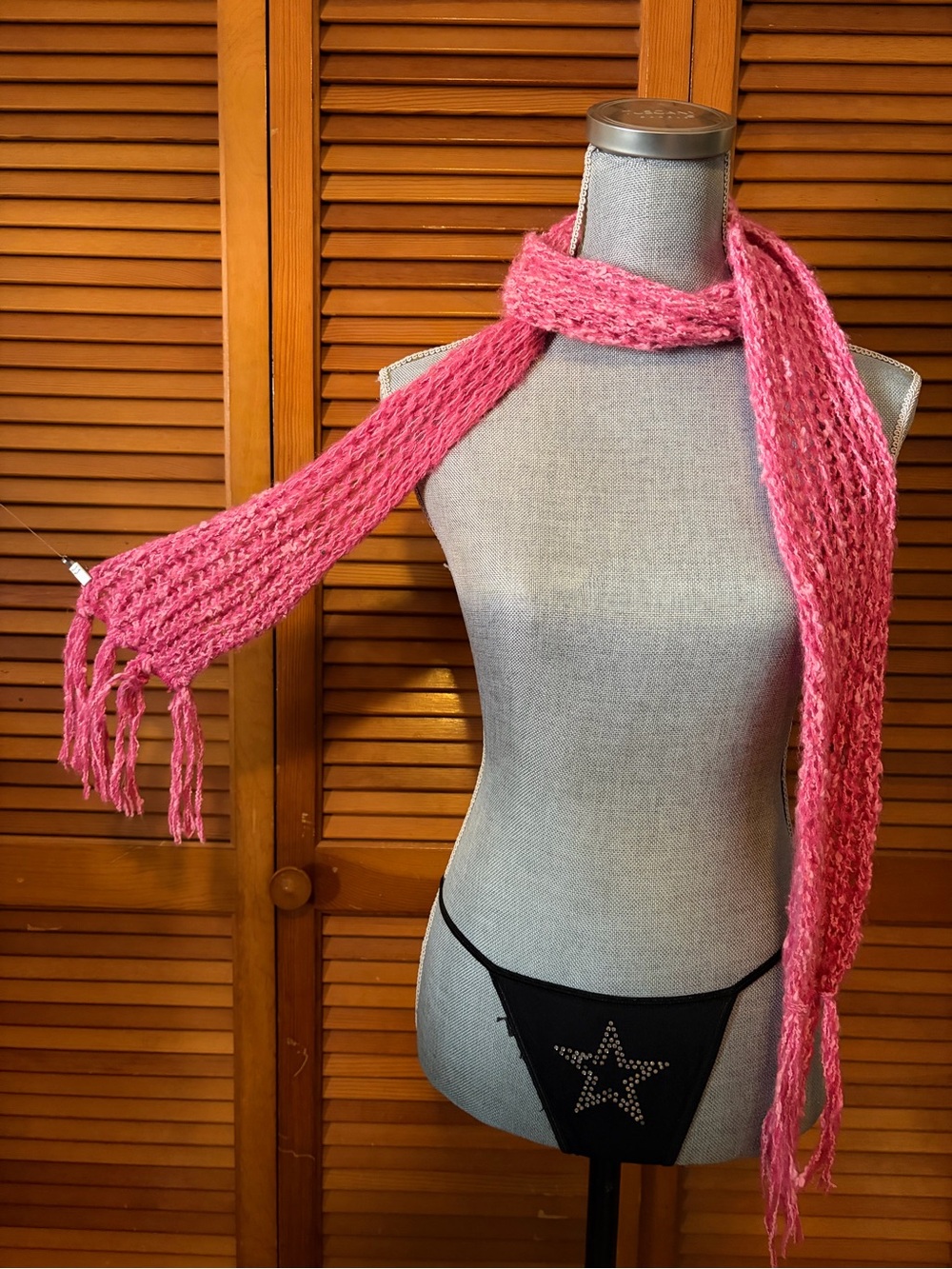 Vintage Crochet Hot Pink Skinny Scarf with Tassels